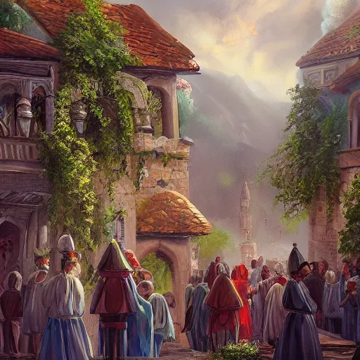 Prompt: a painting of a serbian village with a procession, open windows, chandelier, pillars of marble, waterfalls, fantasy art by JohannesVoss, Aleksi Briclot, Eric Deschamps, trending on artstation