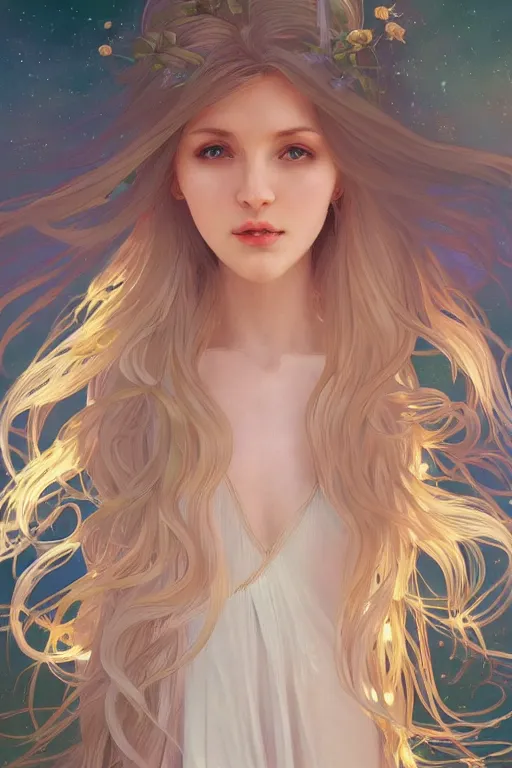 Image similar to A beautiful angelic woman with white long flowy hair, cinematic lighting, soft bokeh, sci-fi, modern, colourful, highly detailed, digital painting, artstation, concept art, sharp focus, illustration, by alphonse mucha