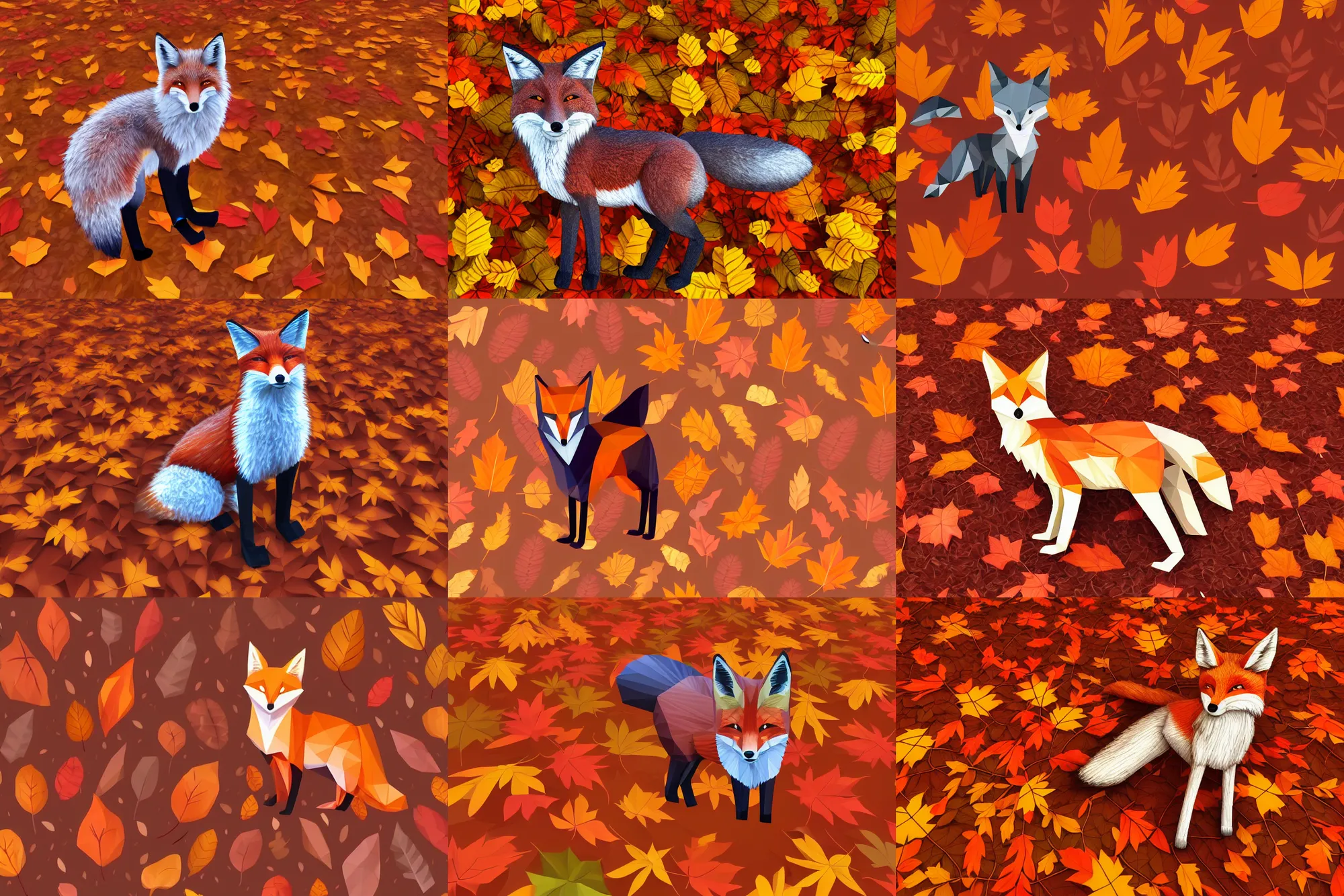 Prompt: super detailed long lowpoly fox standing on hyper detailed lowpoly autumn leaves autumn leaves autumn leaves autumn leaves