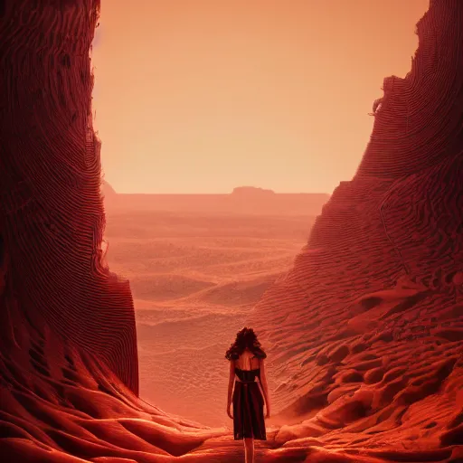 Prompt: mesopotamian woman with thick black curls and bangs character portrait standing in front of red desert cliffs intricate artwork by Tooth Wu and wlop and beeple and Dan Mumford. Octane render, trending on artstation, greg rutkowski very coherent symmetrical artwork. Cinematic, hyper realism, high detail 8k