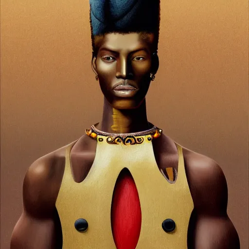 Prompt: a professionally painted african male model , clothed in ancient wear, dark skin, red gold hair, beautiful bone structure, symmetrical scars features, stunningly, beautiful, intricate, elegant, digital painting, smooth, sharp focus, illustration, made by Kehinde Wiley, Kara Walker, Jacob Lawrence, Sam Gilliam, Edmonia Lewis,