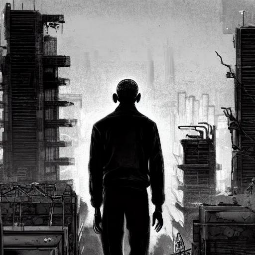 Prompt: barrack obama looking over a post apocalyptic Los Angeles, highly detailed, black and gray, red, smooth focus, sharp, artstation