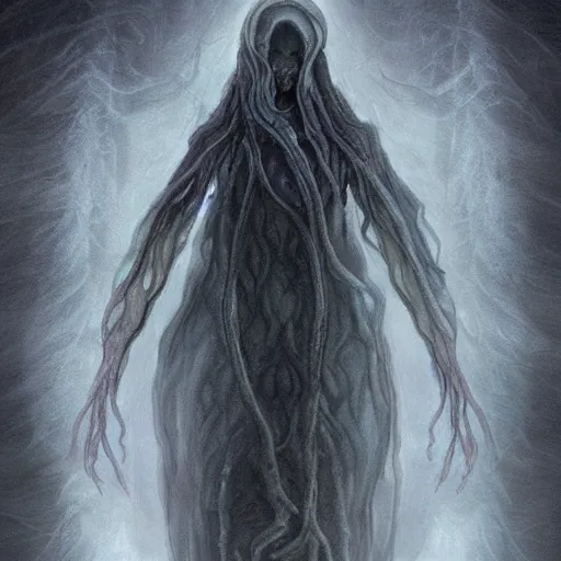 Image similar to concept designs for an ethereal wraith like figure with a squid like parasite latched onto its head and long tentacle arms that flow lazily but gracefully at its sides like a cloak while it floats around a forgotten kingdom in the snow searching for lost souls and that hides amongst the shadows in the trees, this character has hydrokinesis and electrokinesis for the resident evil game franchise with inspiration from the franchise Bloodborne and the mind flayer from stranger things on netflix