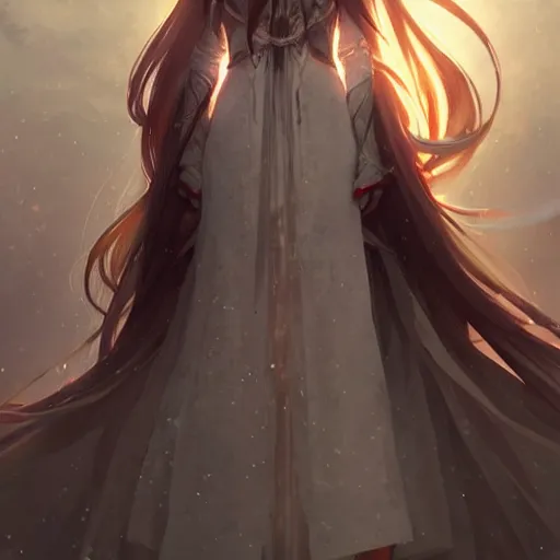 Image similar to yuuki asuna in her wedding dress, extremely long hair, epic fantasy art by Greg Rutkowski