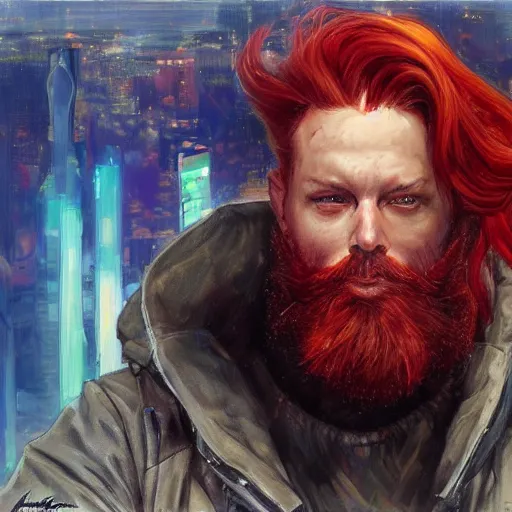 Image similar to a cyberpunk citizen with red hair and a beard, sci fi character portrait by Michael Garmash, Donato Giancola