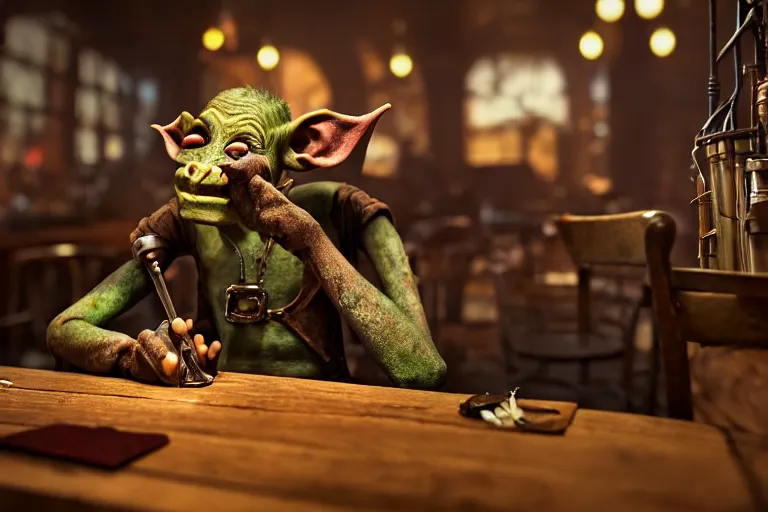 Image similar to a bored male goblin tinkerer sitting alone at a table in a cafe in a steampunk city, close up shot, sharp focus, shallow depth of field, highly detailed face, 8k, unreal engine 5, cinematic lighting, vivid elegant fantasy concept art, character art, warm atmosphere, artstation, deep complimentary colors, photorealistic, hyperdetailed 3D matte painting, hyperrealism, hyperrealistic masterpiece