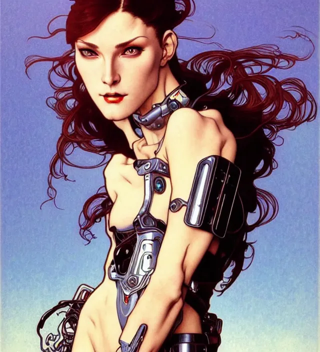 Prompt: realistic detailed face portrait of a gorgeous futuristic woman racing pilot in leather and armor, sleek minimal elegant design by moebius, jodorowsky, alphonse mucha, ayami kojima, amano, greg hildebrandt, and mark brooks, female, sexy, art nouveau, dynamic pose, cyberpunk, neo - gothic, gothic, masterpiece artwork, character concept design,