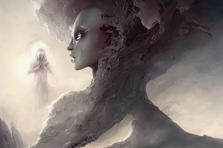 Prompt: a humanoid creature with pale white skin and a gaunt face. the creature is bald and its eyes are shining, emitting sunlight. it is wearing a black flowing cloak that looks like mist. it is crafting an landscape in the astral plane. cosmic horror. art by peter mohrbacher.