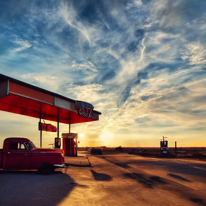 Image similar to a sunset light landscape with historical route 6 6, lots of sparkling details and sun ray ’ s, blinding backlight, smoke, volumetric lighting, colorful, octane, 3 5 mm, abandoned gas station, old rusty pickup - truck, beautiful epic colored reflections, very colorful heavenly, softlight