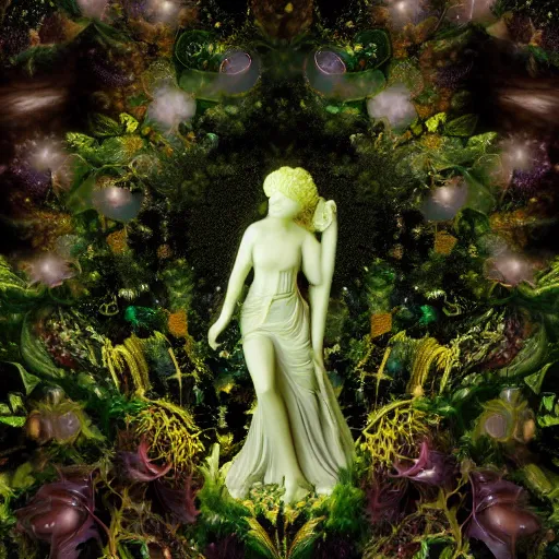 Image similar to glowing delicate flower and mushrooms that grow in a dark fatansy forest on the planet Pandora, an idealistic marble statue with fractal flowery hair in a fractal garden, - W 704