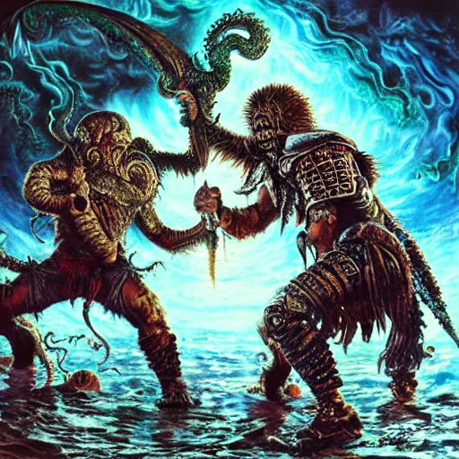 Prompt: uhd photorealistic detailed image of ( chuck norris wearing intricate warrior costume, ) fighting lovecraftian cthulhu by ayami kojima amano karol bak tonalism
