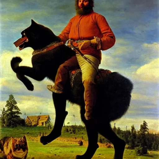 Image similar to man riding a huge cat, oil painting by Ivan Shishkin