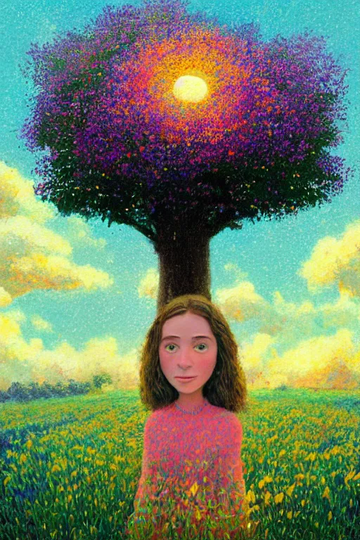 Image similar to girl with huge flower as a face, standing in a flower field, big trees, sunrise dramatic light, impressionist painting, colorful clouds, digital painting, pointillism, artstation, simon stalenhag