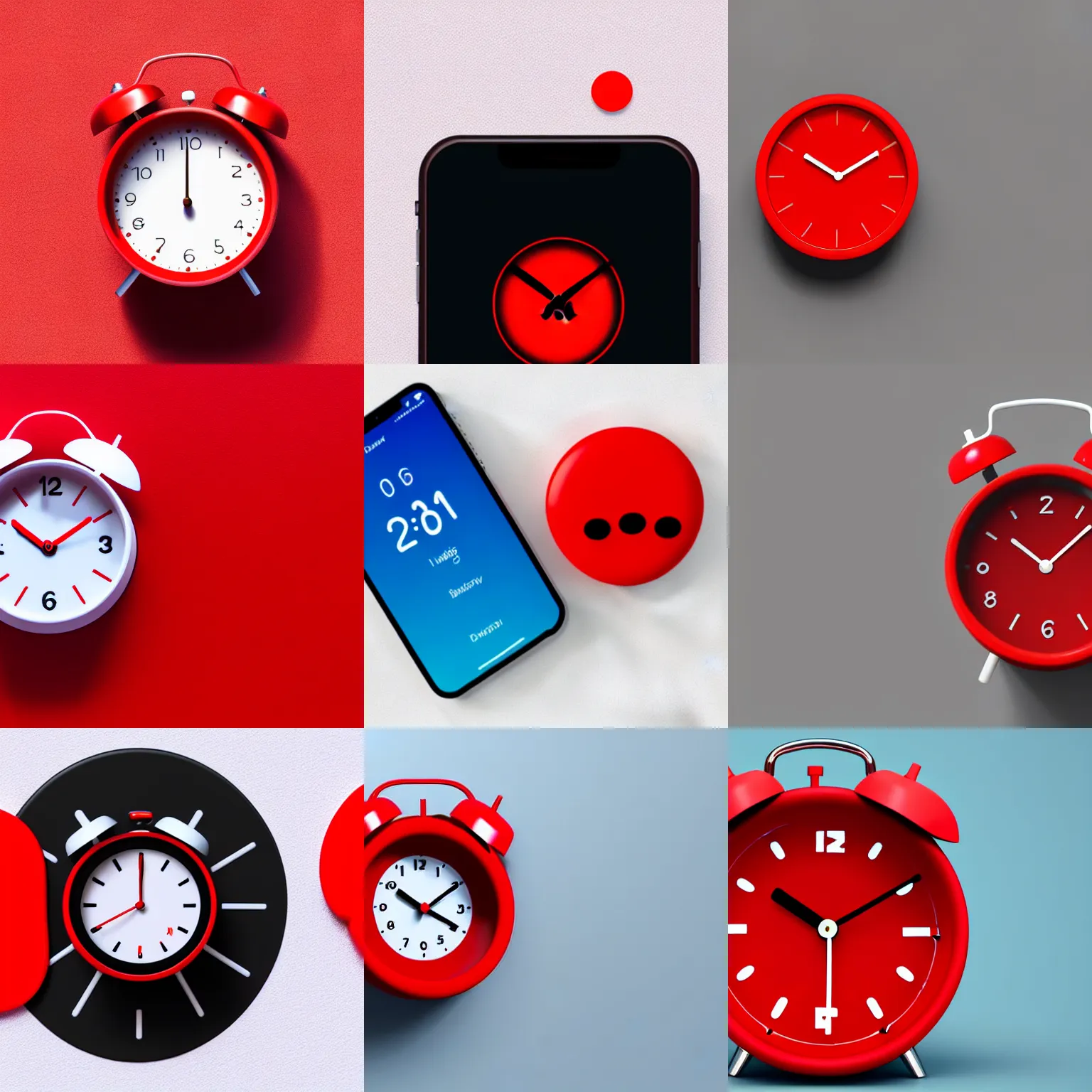 Prompt: Red alarm clock on a flat 2D white background,iOS emoji, 3D clay render, 4k UHD, isometric top down left view, diffuse lighting, zoomed out very far