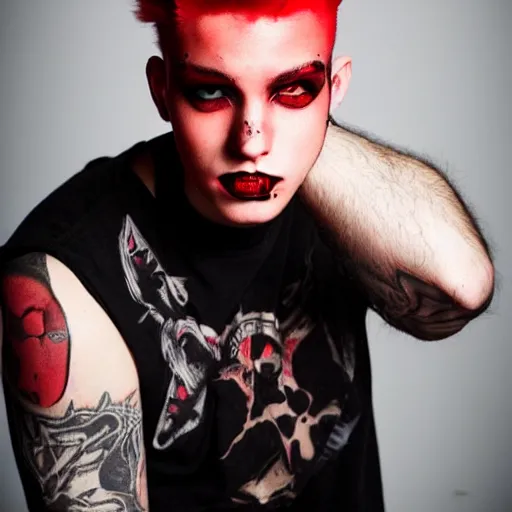 Image similar to young man with a short red dyed mohawk, red eyes and a slim face, dressed in punk clothing, punk style, headshot photo, attractive, handsome, in color, no lipstick