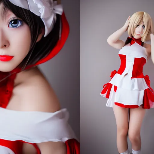 Image similar to very detailed photo of anime girl cosplayer wearing white and red dress, studio photo, anatomically correct, pretty face, UHD, 8k