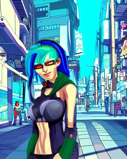 Image similar to cel shaded art of a pretty blue haired girl, jet grind radio graphics, cyberpunk city street background