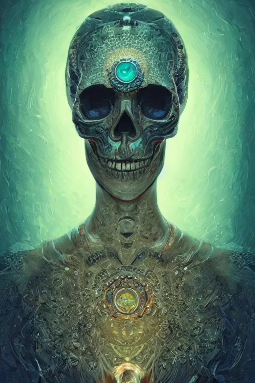 Image similar to portrait of jewel bone-skull oracle physically accurate, moody dynamic lighting, very very intricate, very very elegant, highly detailed, digital painting, artstation, in the style of Rob Lefield and Dan Mumford , trending on artstation, digital art,surrealism ,macro,blueprint ,vaporwave ,