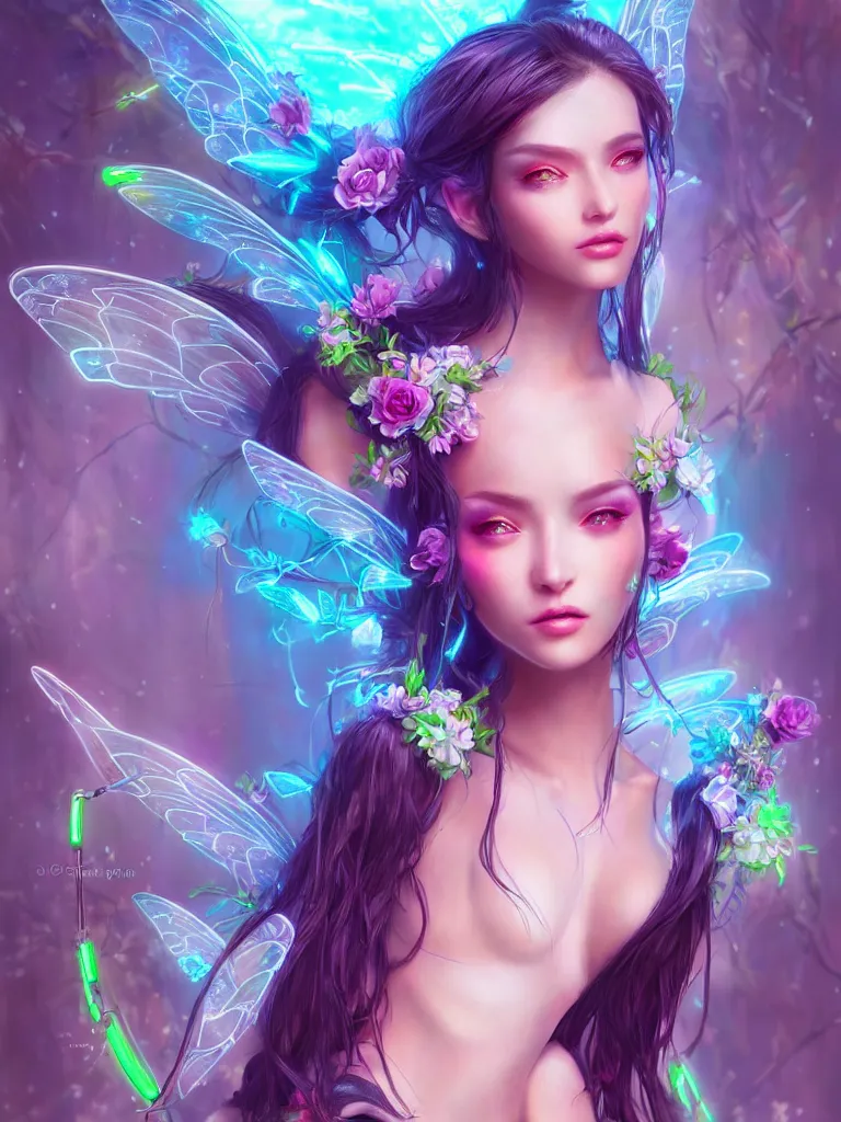 Image similar to half body portrait of a beautiful cyber fairy, in a cyberpunk garden, elegant pose, body covers with neon flowers, realistic digital painting, artgerm, sakimichan, huang guangjian