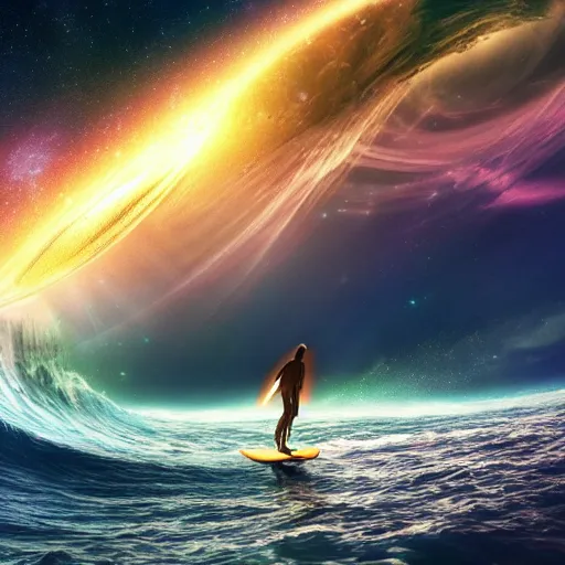 Image similar to photo of a alien surfing a surfboard on a crashing l wave of alien ocean in space, background is an alien galaxy, aliens in the background, alien colors, octane render, unreal engine, wide view, 8 k, high detaild