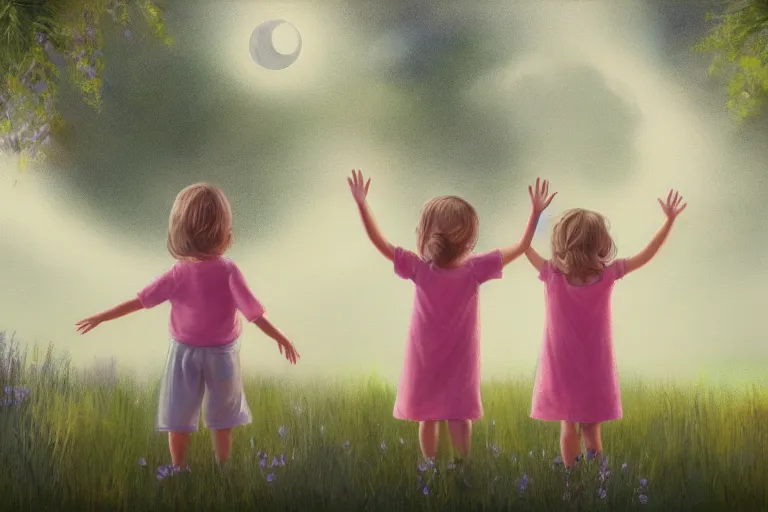 Prompt: portrait painting of cute little kids waving their hands, full body framing, dreamy matte colors, from a dreamy garden by the lake, night time, photorealistic faces and skin tones, volumetric lighting, smooth, trending on artstation, moonlit backdrop, 4 k