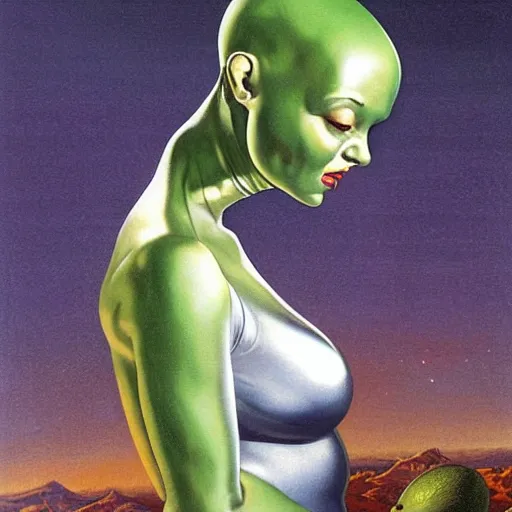 Prompt: beautiful grey alien extraterrestrial species female babe in a tight fitting silver metallic bikini spacesuit, , big pear-shaped head, green skinned, big black almond shaped alien eyes by Mort Kunstler and Gil Elvgren
