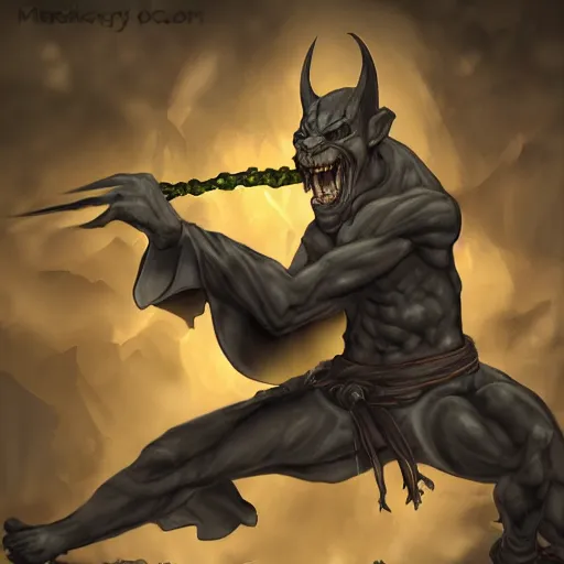 Image similar to daemon monk, gargoyle, chaos magic, unarmed combat, fierce opponent, adventure, art station, anime energy, fantasy concept