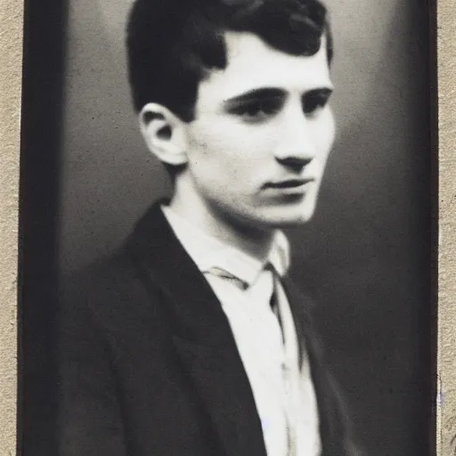 Prompt: A photo of a scottish 20 year old portrait photo infront of leaves filling the screen. Blue jacket wearing man with short hair and short facial hair. Looking directly towards camera this man with a triangular thin shape and thin nose is off center to the left of the frame.