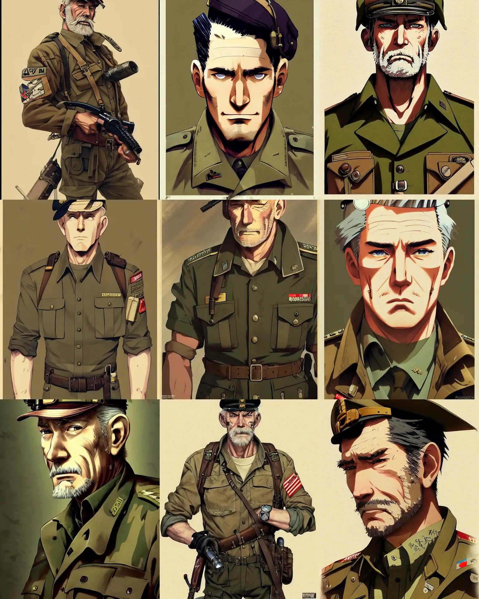 Prompt: An older, ruggedly handsome dieselpunk man in military fatigues || VERY VERY ANIME!!!, fine-face, handsome face, blond hair, realistic shaded Perfect face, fine details. Anime. realistic shaded lighting poster by Ilya Kuvshinov katsuhiro otomo ghost-in-the-shell, magali villeneuve, artgerm, Jeremy Lipkin and Michael Garmash and Rob Rey