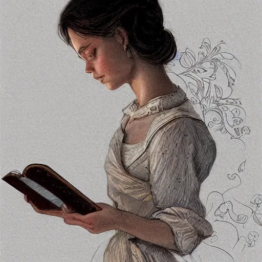 Image similar to village girl reading a book, cinematic, intricate, elegant, highly detailed, digital painting, artstation, concept art, smooth, sharp, focus, illustration, art by artgerm and Johfra Bosschart