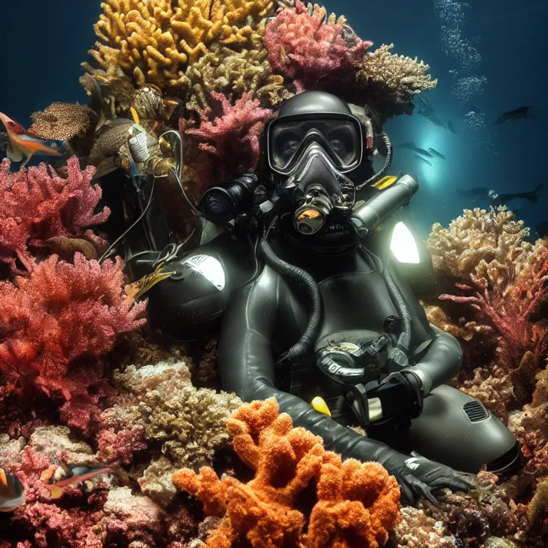 Prompt: octane render portrait by wayne barlow and carlo crivelli and glenn fabry, subject is a shiny reflective tactical black ops scuba diver with small dim lights inside helmet, surrounded by bubbles inside an exotic alien coral reef aquarium full of exotic fish and sharks, cinema 4 d, ray traced lighting, very short depth of field, bokeh