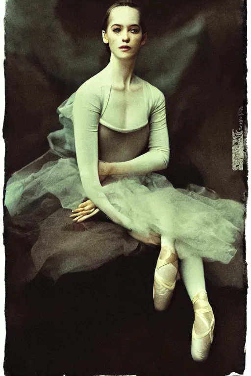 Image similar to hyperrealism fashion portrait girl in a ballet dress sits on a silk cloth by Roversi photo from The Holy Mountain by Alejandro Jodorowsky in style of Francisco Goya