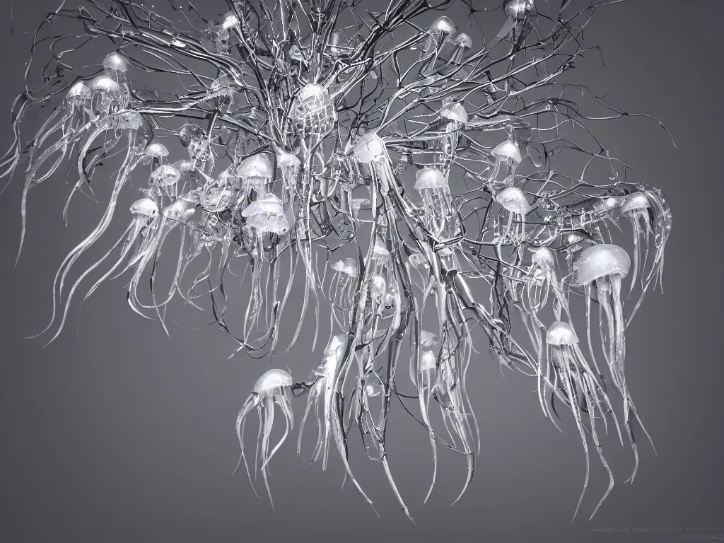 Prompt: 8 k, surrealistic, sharp focus, super resolution, silver color, side view a group of robot mechanical sense jellyfish growing form tree branch,, cleaning future, highly quality penetrating feeling bright light, cg, cyberpunk, symmetric, style by james jeans