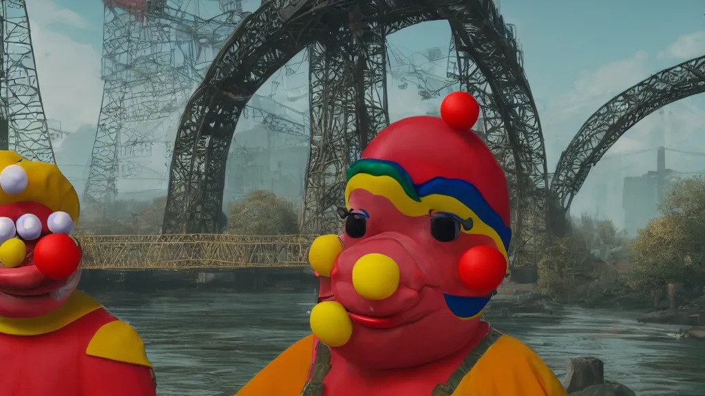 Image similar to A sad clown in a hot dog costume next to a bridge, rich colors, hyperrealistic, Cryengine 8k UHD