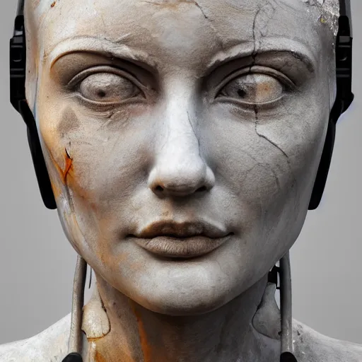 Prompt: the distressed and damaged head of a marble cybernetic lady justice statue wearing a virtual reality headset on ground covered in sand, cyberpunk background, highly detailed, epic lighting, hyper photorealism, 8 k