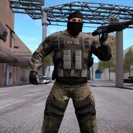 Image similar to a screenshot of arnold schwarzenegger in cs : go, full body shot