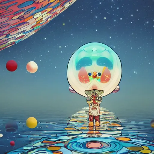 Image similar to a man walking on water under the stars by takashi murakami, beeple and james jean, aya takano color style, 4 k, super detailed