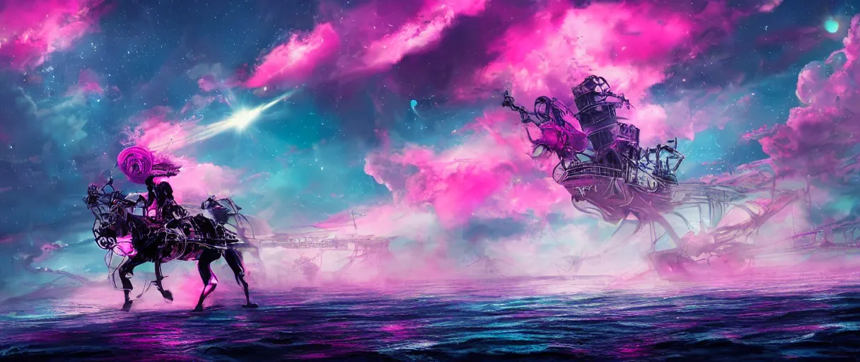 Image similar to space, a horse - drawn, a mechanical horse with a pink mohawk drives a pirate spaceship, punk, hyperdetailed illustration, stars, pink, neon, oil painting, rich deep colors masterpiece, pirate neon ship, ultra detailed, contrast, heaven pink, clouds, volumetric light, atmospheric lighting, dramatic, cinematic, moody, octane render 4 k, 8 k