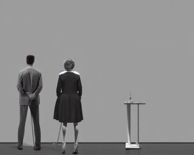 Image similar to a man standing next to a woman in front of a whiteboard, a computer rendering by Richard Artschwager, behance, modular constructivism, matte drawing, matte painting, studio portrait, diorama