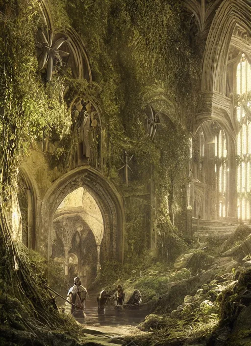 Prompt: medieval adventurers in lord of the rings scenery landscape, inside an enormous overgrown cathedral, stream, treasure, reflections, portal to another dimension, highly detailed, cinematic lighting, perfect composition, 4 k, gustave dore, derek zabrocki, greg rutkowski, belsinski, octane render