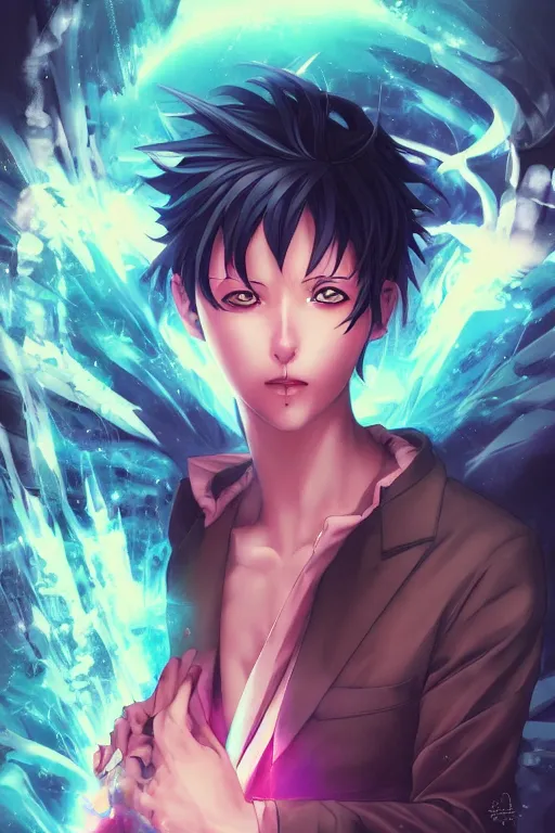 Image similar to anime manga guy emitting psychic powers, straight on, by artgerm, james jean, tom bagshaw, gerald brom, vaporwave colors, lofi colors, vaporwave, lofi, goth vibe, 4 k, smooth, hd, substance designer render, full body character concept art, perfect face, detailed face,