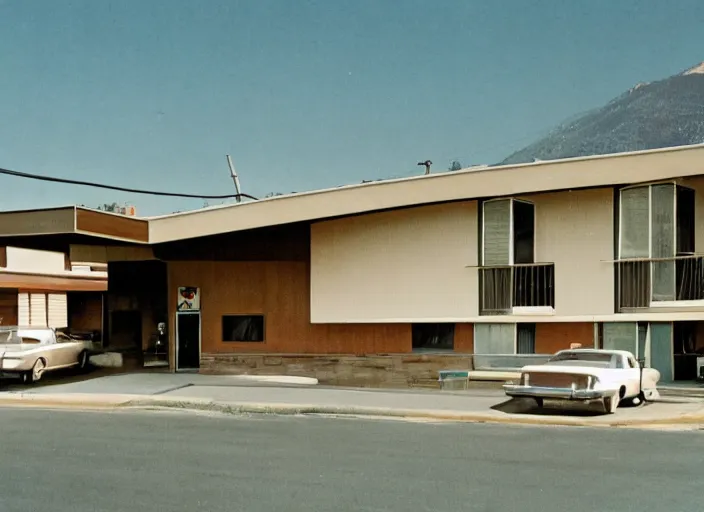 Image similar to a midcentury modern motel in salt lake city utah in the year 1 9 6 7