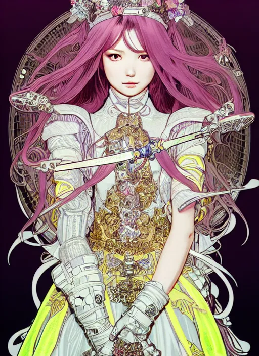 Image similar to highly detailed terada katsuya artgerm artstation final fantasy minaba hideo manga poster of princess mechine, long hair, armor, dress, laces, ruffles, 8 k, fluorescent, maximalist, jump comics, tomer hanuka, alphonse mucha