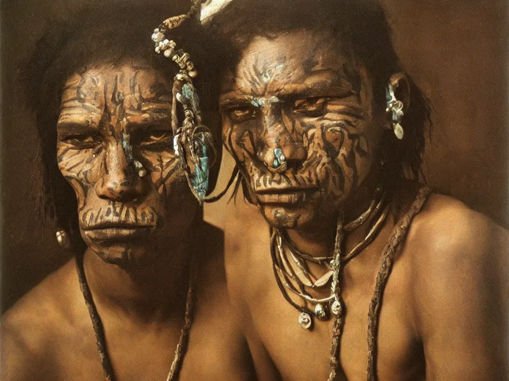 Image similar to Portrait of a tribal man, beautiful, with the face painted, jewelry. Painting by Caravaggio, August Sander