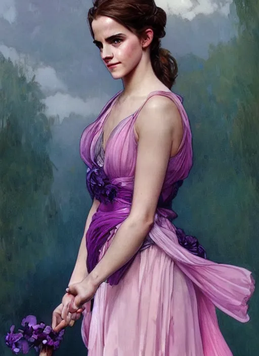 Image similar to emma watson wearing revealing pink and purple chiffon dress with flounces. beautiful detailed face. by artgerm and greg rutkowski and alphonse mucha