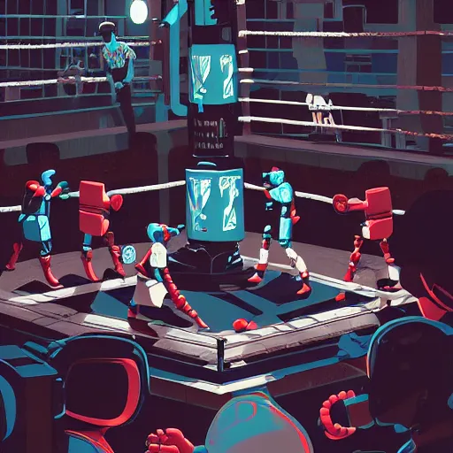 Prompt: a beautiful highly detailed vector illustration close up of a boxing match with robots in a factory, punk styling by atey ghailan, cliff chiang, loish and goro fujita, silver, silver, brown, black, blue and cyan tones, featured on artstation, featured on behance, grunge aesthetic