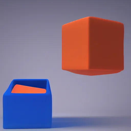Prompt: one 1 2 8 8 blue cube and one orange cube, studio light, studio photo, 1 2 9 7, octane render