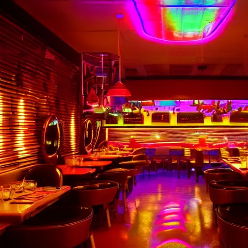 Prompt: retro restaurant, iridescent, mood lighting, 8 k, cinematic