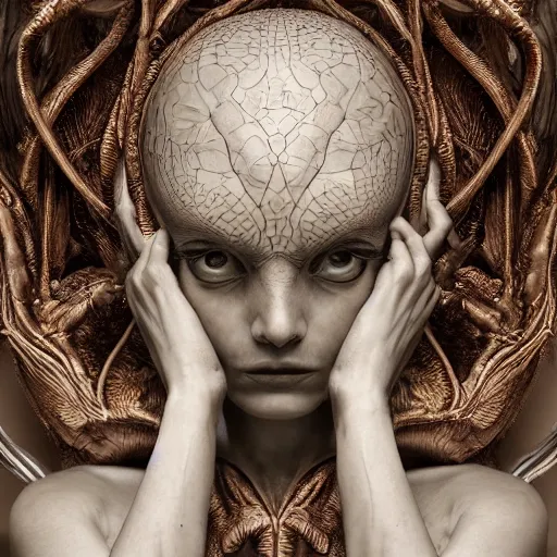 Image similar to hyper realistic photography of an alien, plated arm, intimate, chest, holding close, ribbons, in the style of beth cavener, jin kagetsu,, and wlop, highly detailed, intricate filigree, symmetry, masterpiece, award winning, sharp focus, concept art, highkey lighting, ambient lighting, octane render, 8 k, artstation