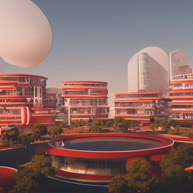 Prompt: futuristic white square building city with circle shaped windows, red colored hills in the background, night lighting, round windows, futuristic cinematic, volumetric, realistic, cinematic lighting, ray tracing, unreal engine 5, octane render, hyper realistic, 8 k